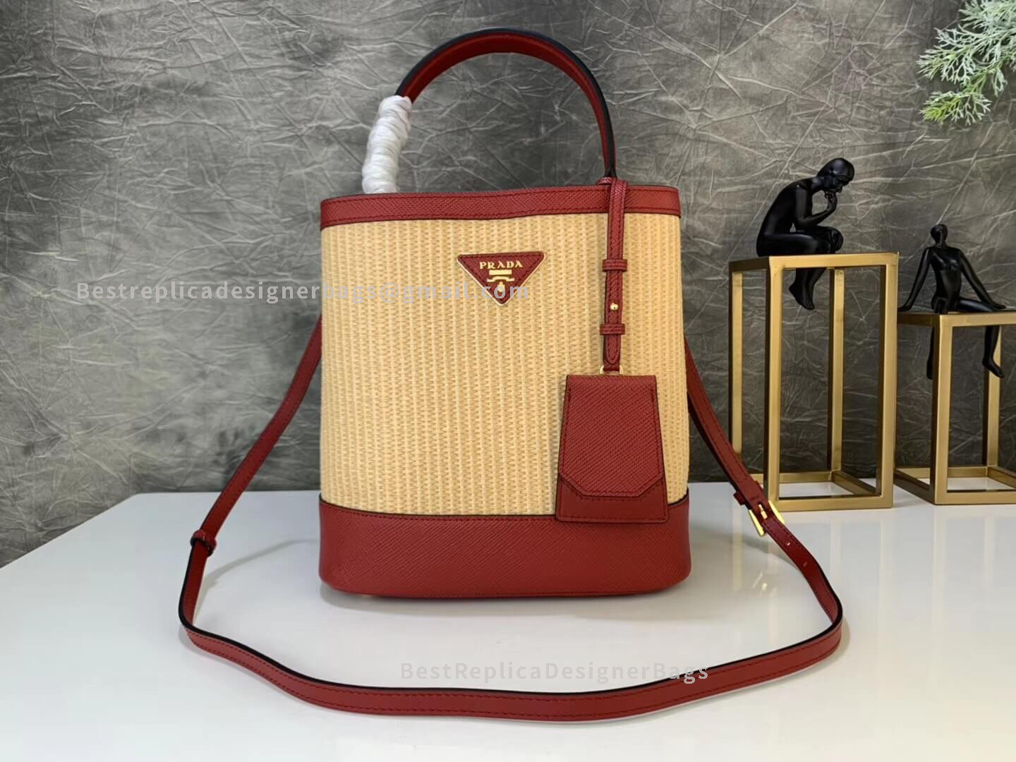 Prada Red Natural Fiber And Saffiano Leather Bucket Bag GHW 212